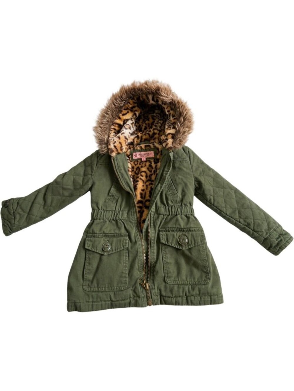 Urban Republic Girls Green Utility Parka Jacket Leopard Faux Fur Hood Small S